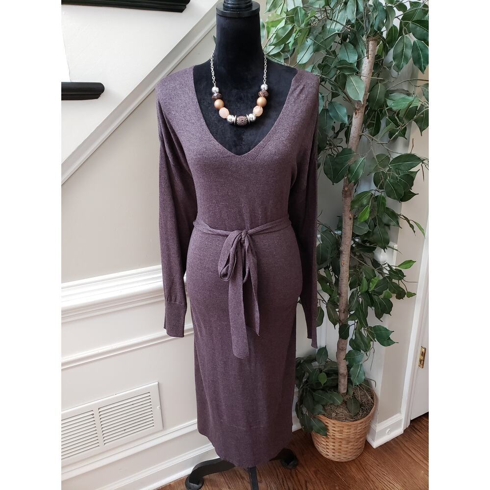 Terra & Sky Maxi Dress Womens 2X Brown Deep Neck Tie Waist Raglan Sleeve & Hem - Picture 2 of 14